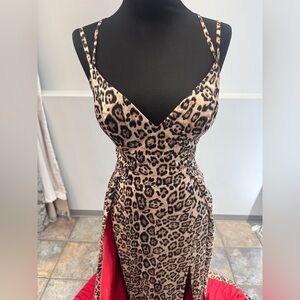 Mori Lee Leopard Print Dress with Black and Brown Tones red lining.
